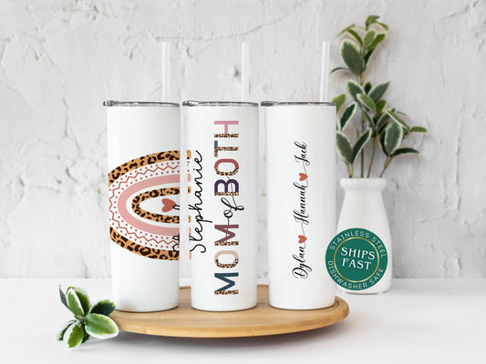 Personalized Mom of Both Tumbler with Kids' Names - Custom Leopard Design for Boy & Girl Moms