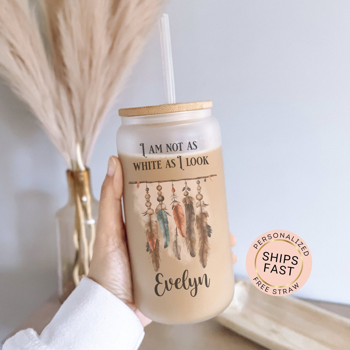 Custom Native American Frosted Glass Cup - Personalized Iced Coffee Drinkware