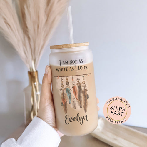 Custom Native American Frosted Glass Cup - Personalized Iced Coffee Drinkware