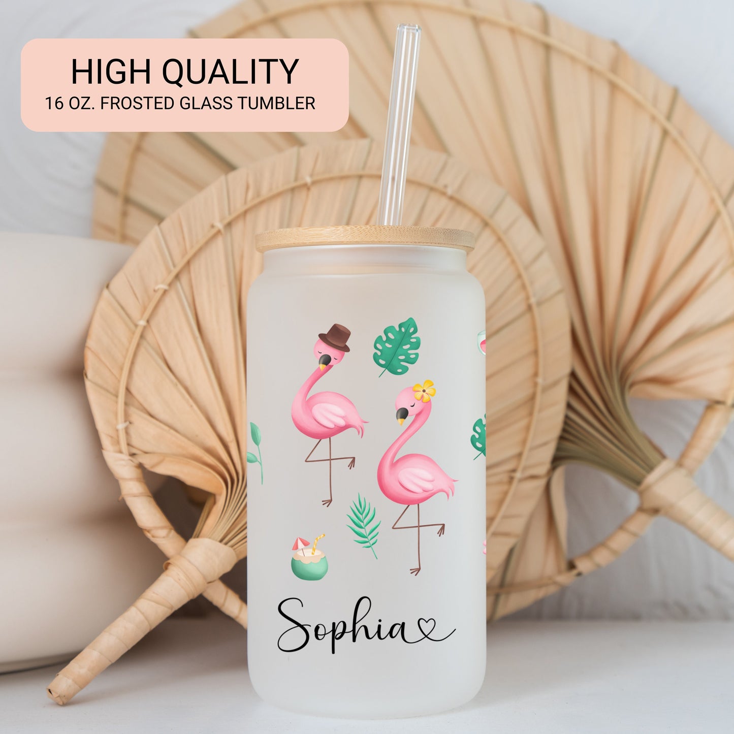 Personalized Flamingo Frosted Glass Tumbler - Custom Iced Coffee Cup