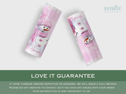 Personalized Pink Snowman Christmas Tumbler - Cute Holiday Gift for Her