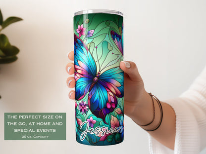 Personalized Stained Glass Butterfly Tumbler - Floral Gift for Butterfly Lovers and Women