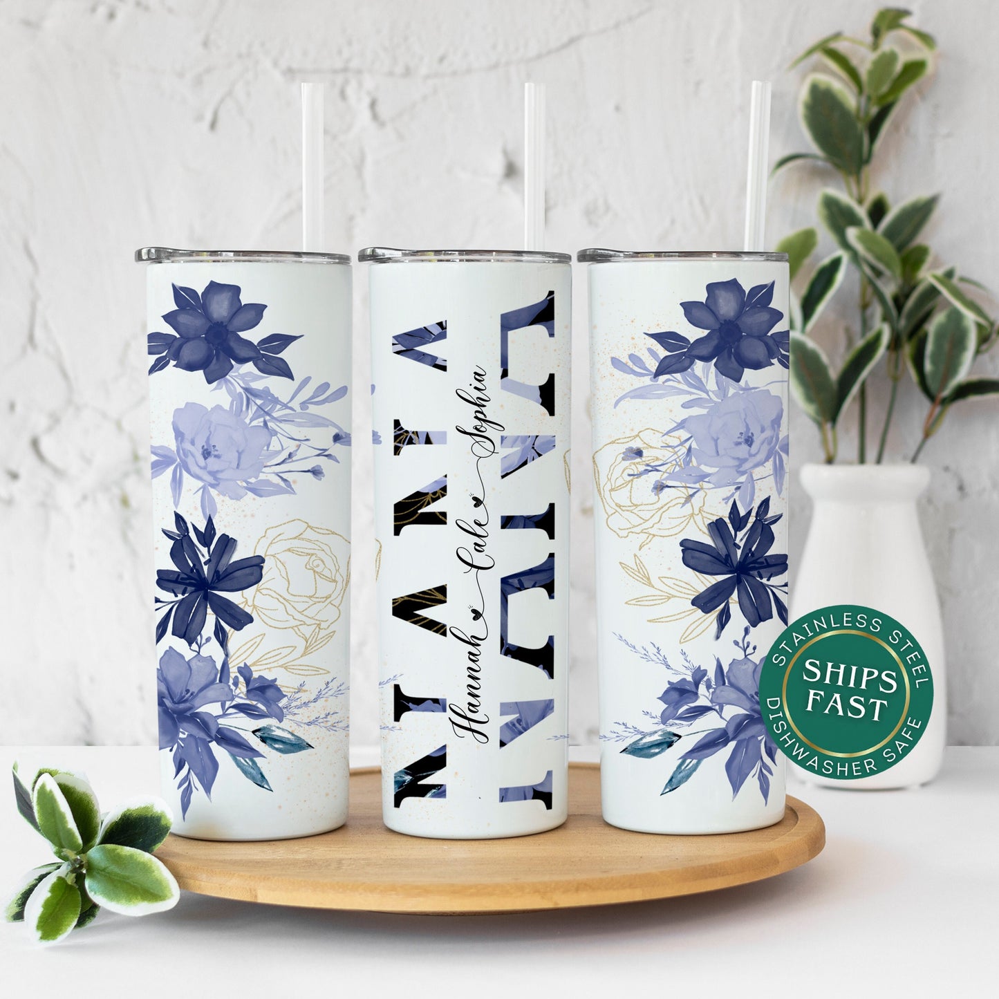 Personalized Nana Tumbler - Custom Floral Travel Cup with Grandkids' Names