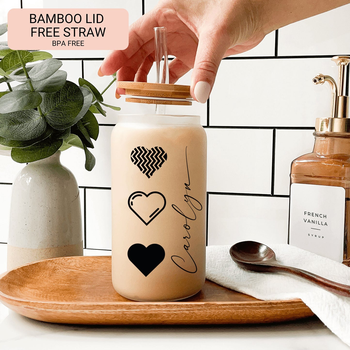 Heart Cup Personalized, B&W Heart Glass Cup, Custom Heart Frosted Glass Cup, Heart Glass Tumbler B and W, Heart Iced Coffee Cup Love Cup