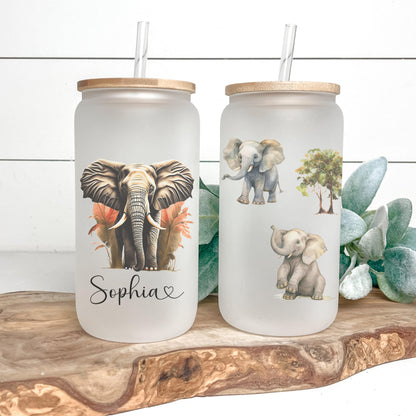 Personalized Elephant Glass Cup - Custom Frosted Iced Coffee Tumbler Gift for Her