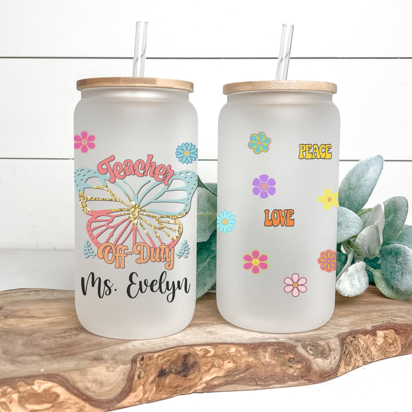 Personalized Teacher Frosted Glass Cup - Butterfly Design Iced Coffee Gift