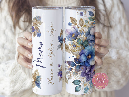 Personalized Floral Mama Tumbler - Custom Glitter Gift with Kids' Names