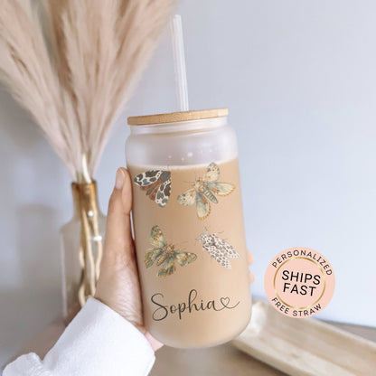 Personalized Moth Glass Cup - Custom Iced Coffee Tumbler for Lovers