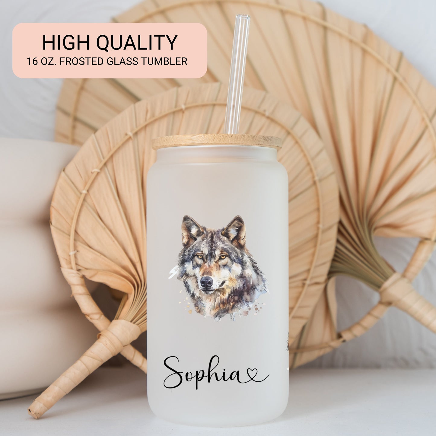 Personalized Frosted Wolf Glass Cup - Custom Iced Coffee Tumbler
