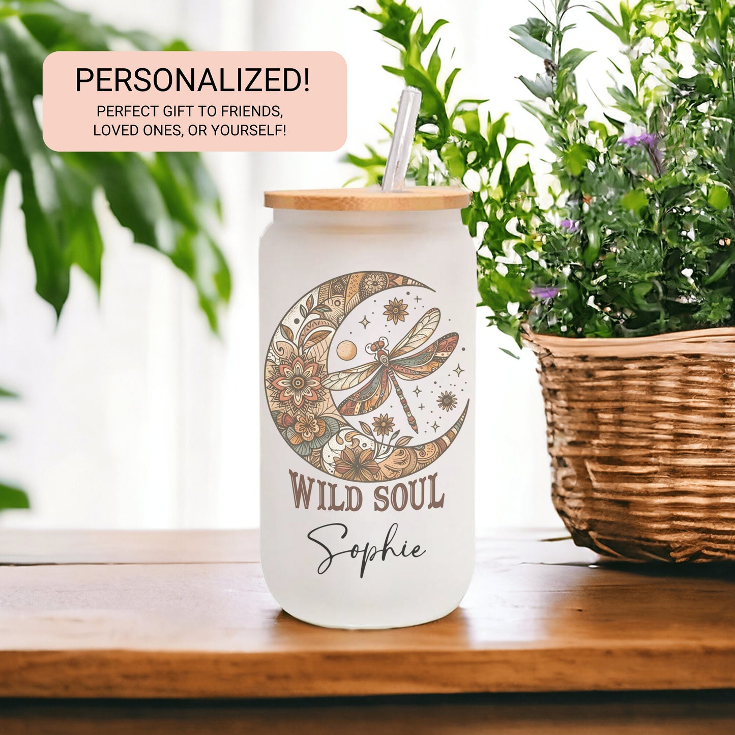 Personalized Dragonfly Glass Cup - Custom Positive Quote Frosted Design