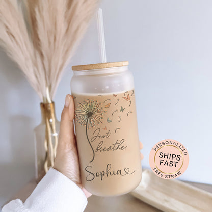 Personalized Just Breathe Frosted Glass Cup - Custom Engraved Can Gift
