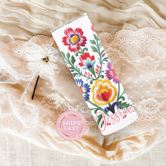 Mexican embroidery tumbler with personalized floral design perfect for showing appreciation to mom ideal for Dia de la Madre or special occasions