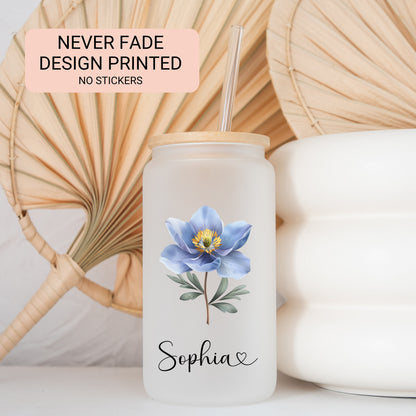 Personalized Wildflower Frosted Glass Cup - Custom Iced Coffee Tumbler