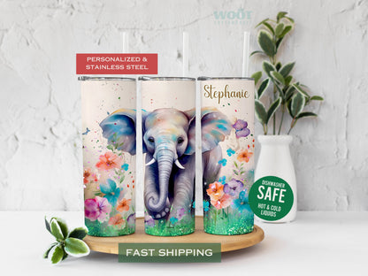 Personalized Floral Elephant Tumbler - Cute Gift for Elephant Lovers