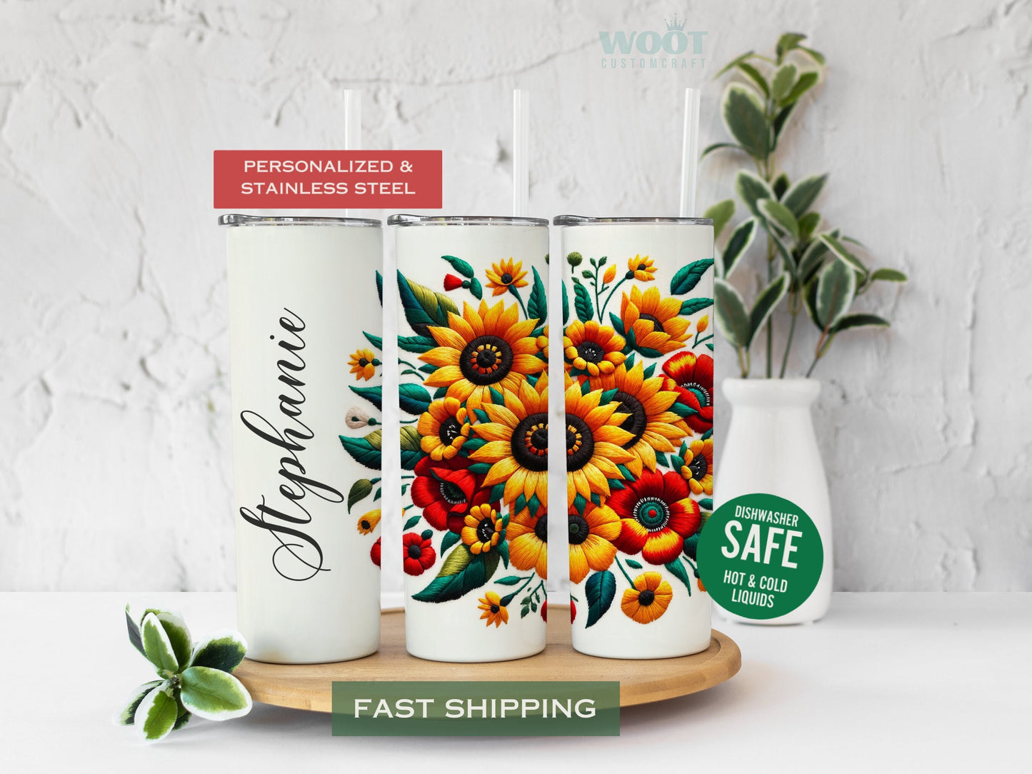 3 Tumblers show all sides of a Sunflower tumbler with a Personalized name.