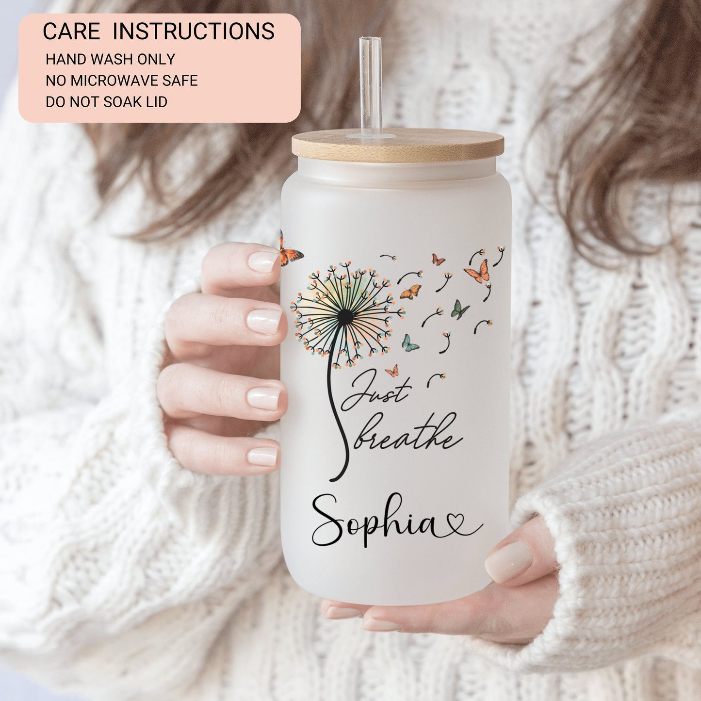 Personalized Just Breathe Frosted Glass Cup - Custom Engraved Can Gift