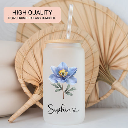 Personalized Wildflower Frosted Glass Cup - Custom Iced Coffee Tumbler