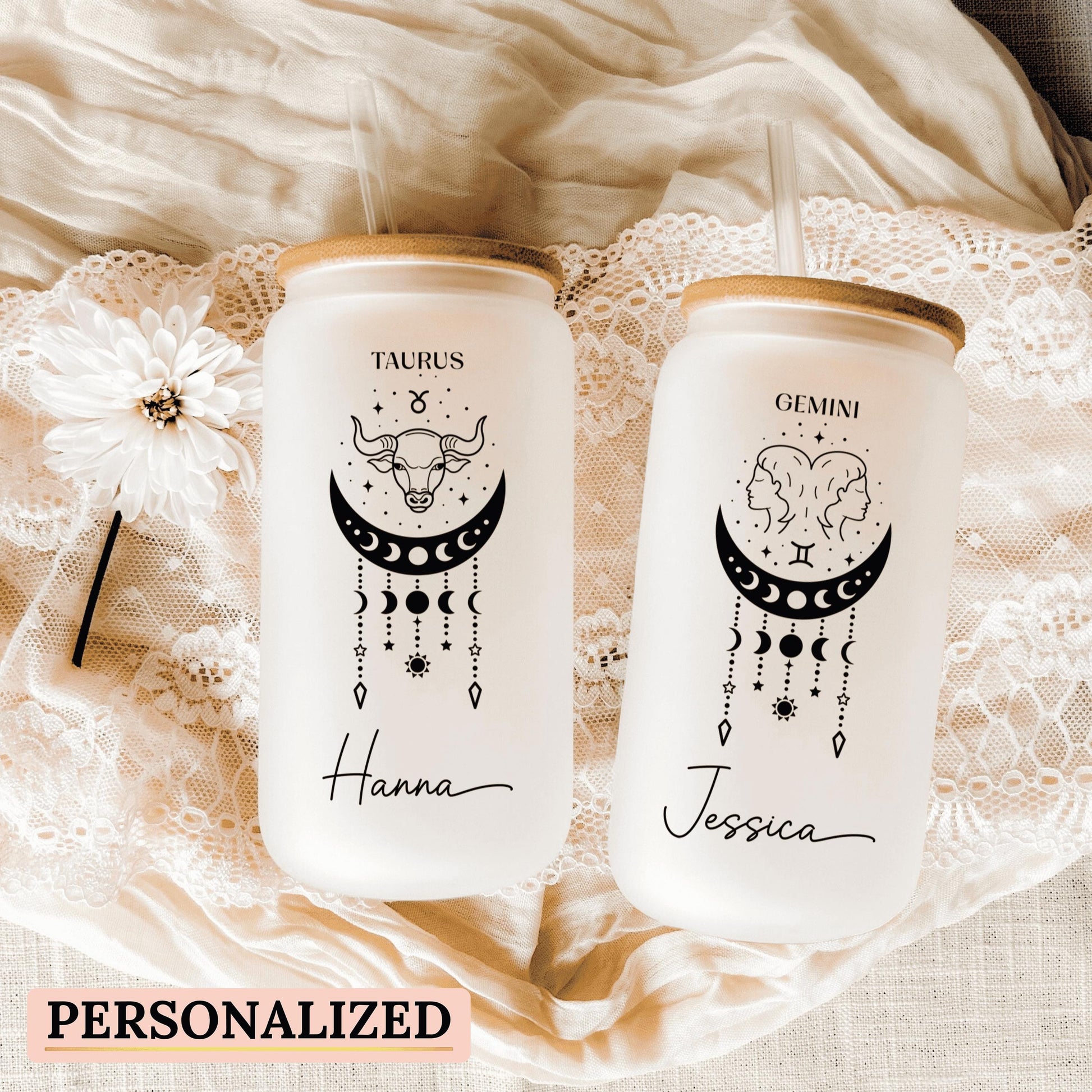 Astrology-themed glass can cup personalized with zodiac signs perfect for sipping iced coffee in style