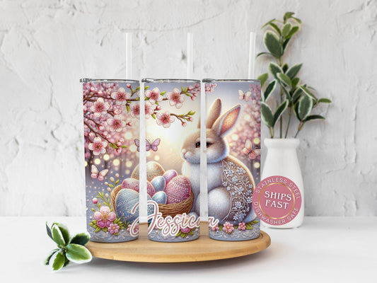 Personalized Pink Easter Bunny Tumbler - Cute Easter Egg Design | Gift for Rabbit Lovers