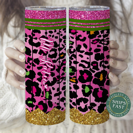 Personalized Pink Leopard Teacher Tumbler - Custom Travel Gift for Educators