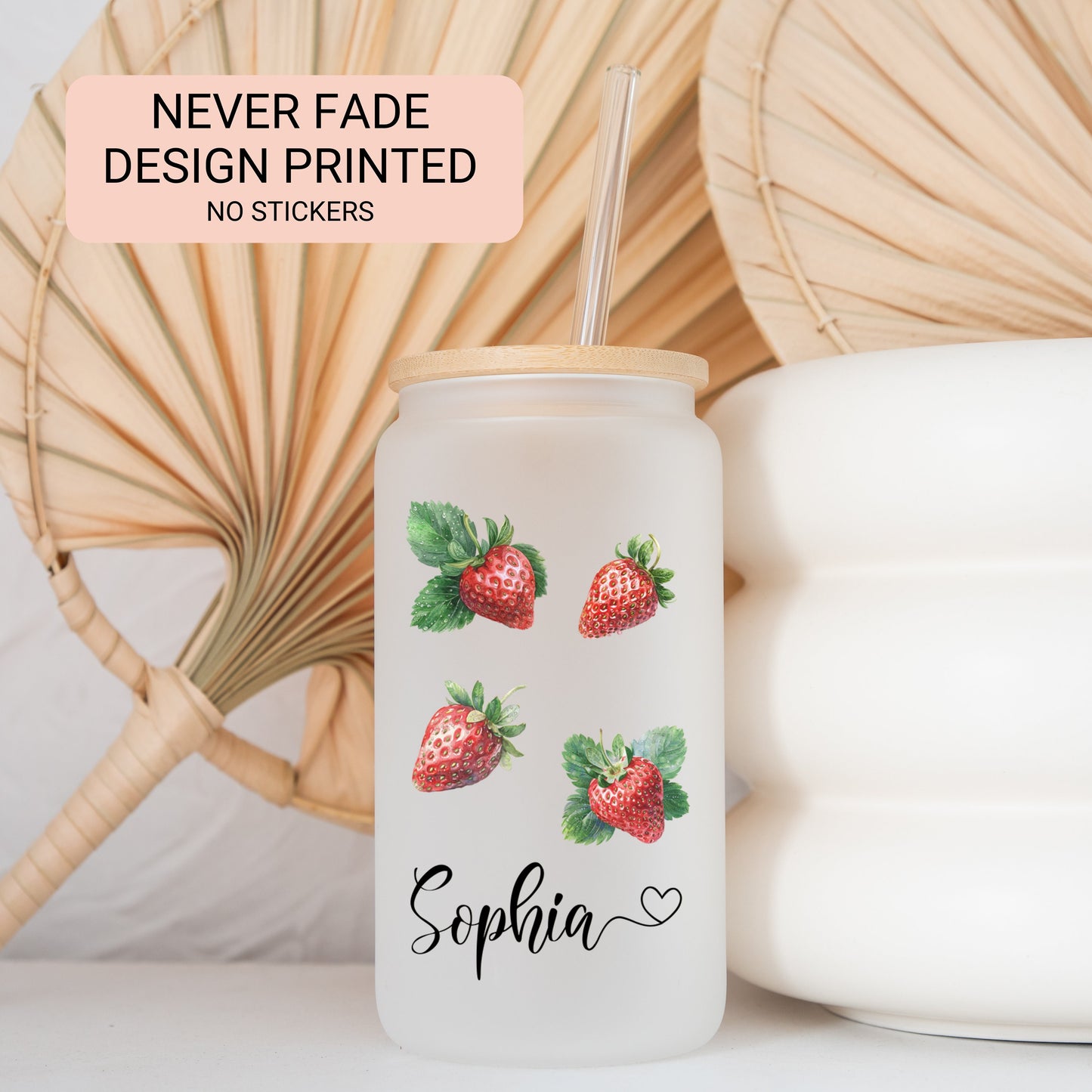 Personalized Strawberry Frosted Glass Tumbler - Custom Iced Coffee Cup for Fruit Lovers