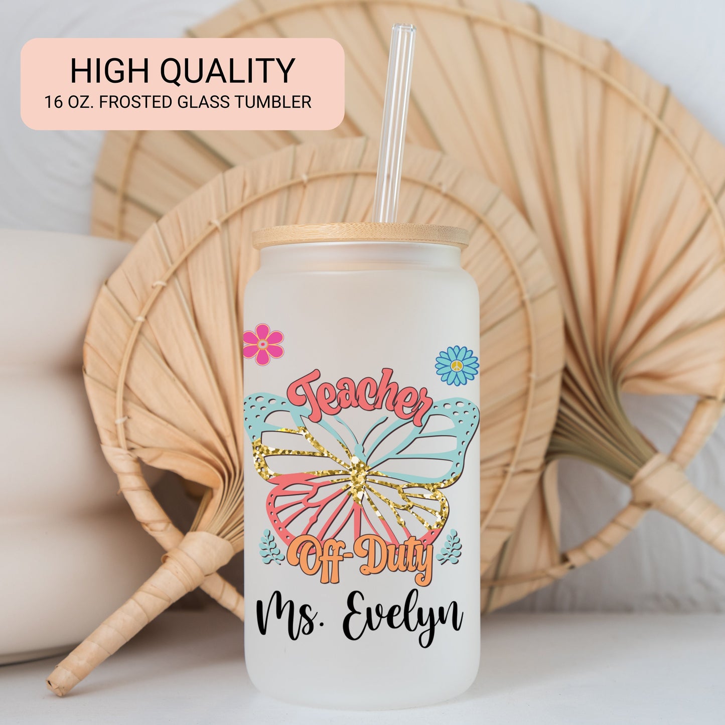 Personalized Teacher Frosted Glass Cup - Butterfly Design Iced Coffee Gift