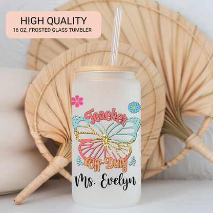 Personalized Teacher Frosted Glass Cup - Butterfly Design Iced Coffee Gift