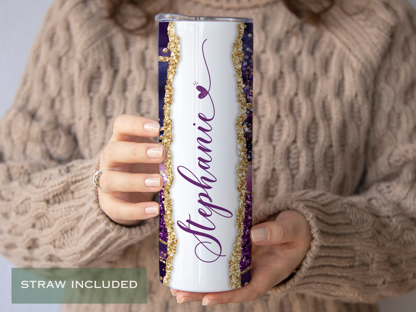 Personalized Purple Agate Tumbler - Custom Glitter Gift for Her or Mom
