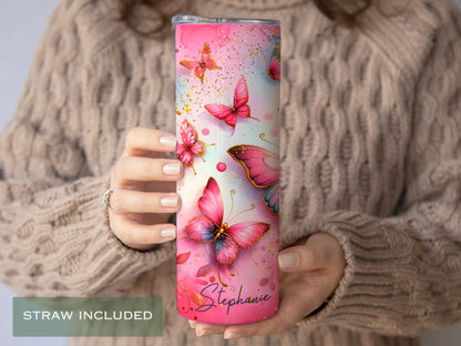 Personalized Pink Butterfly Tumbler - Gift for Butterfly Lovers and Women