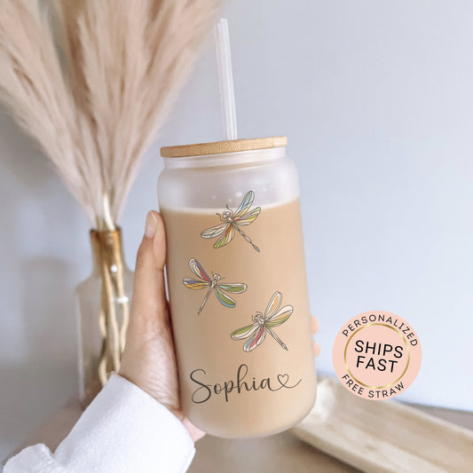 Personalized Dragonfly Glass Tumbler - Custom Iced Coffee Cup