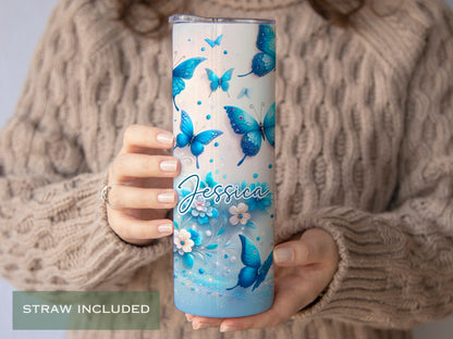 Personalized Glitter Blue Butterfly Tumbler - Gift for Butterfly Lovers and Women