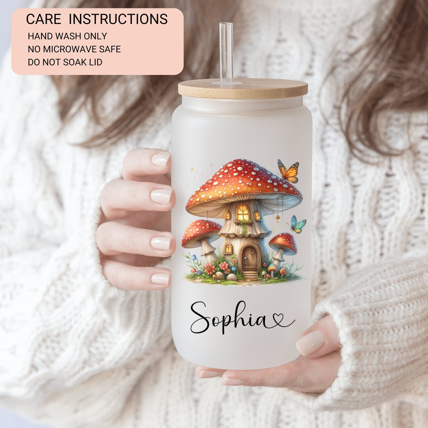 Personalized Mushroom Frosted Glass Cup - Custom Iced Coffee Tumbler