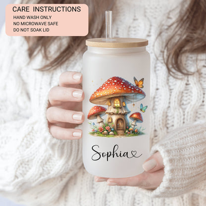 Personalized Mushroom Frosted Glass Cup - Custom Iced Coffee Tumbler