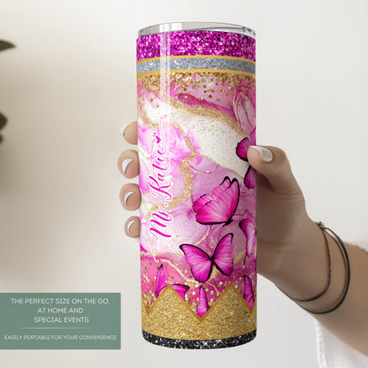 Personalized Teacher Butterfly Glitter Tumbler - Pink Pencil Travel Cup Gift for Educators