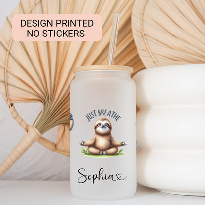 Personalized Sloth Yoga Glass Tumbler - Custom Iced Coffee Cup