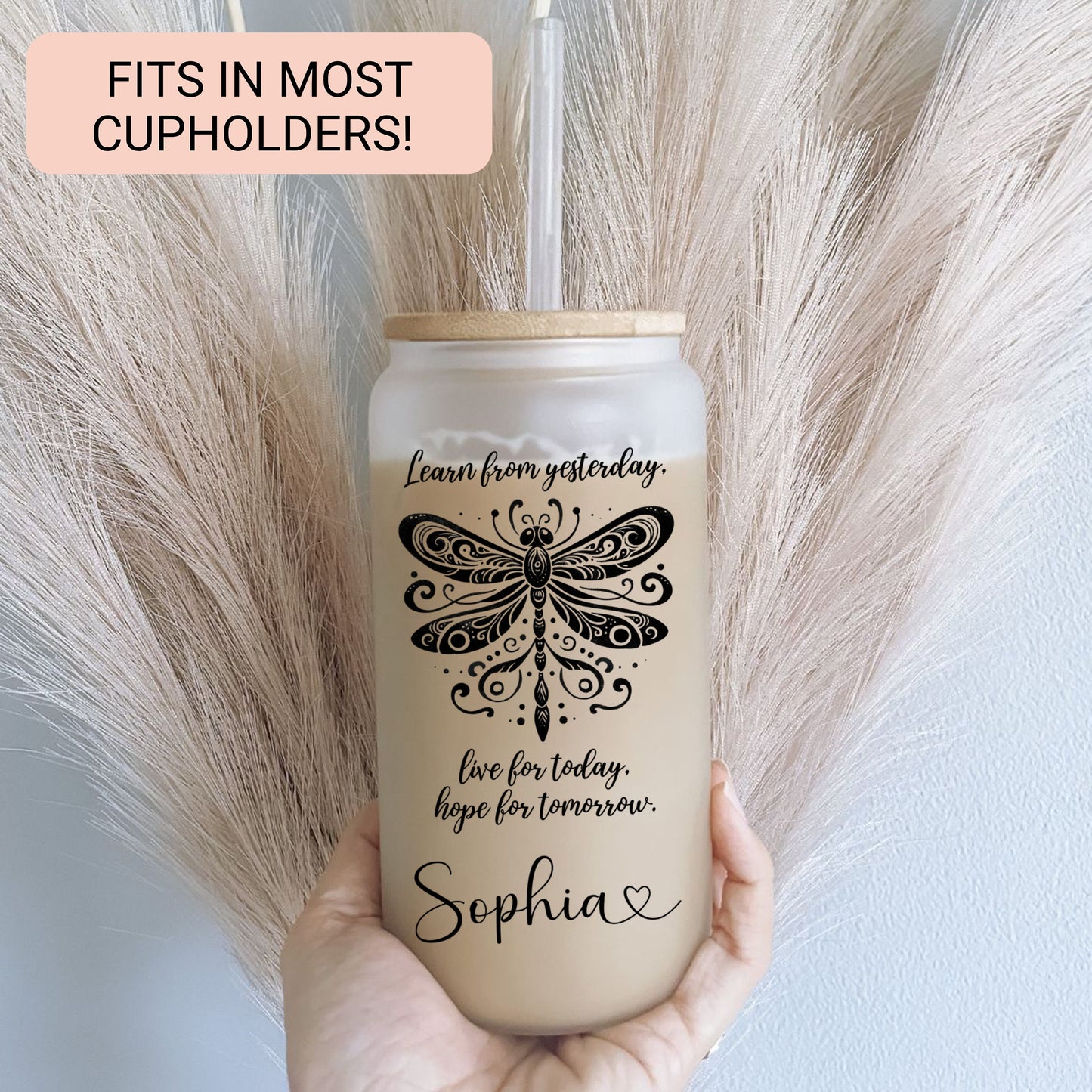 Personalized Dragonfly Glass Cup - Custom Frosted Coffee Mug with Quote