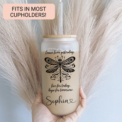 Personalized Dragonfly Glass Cup - Custom Frosted Coffee Mug with Quote