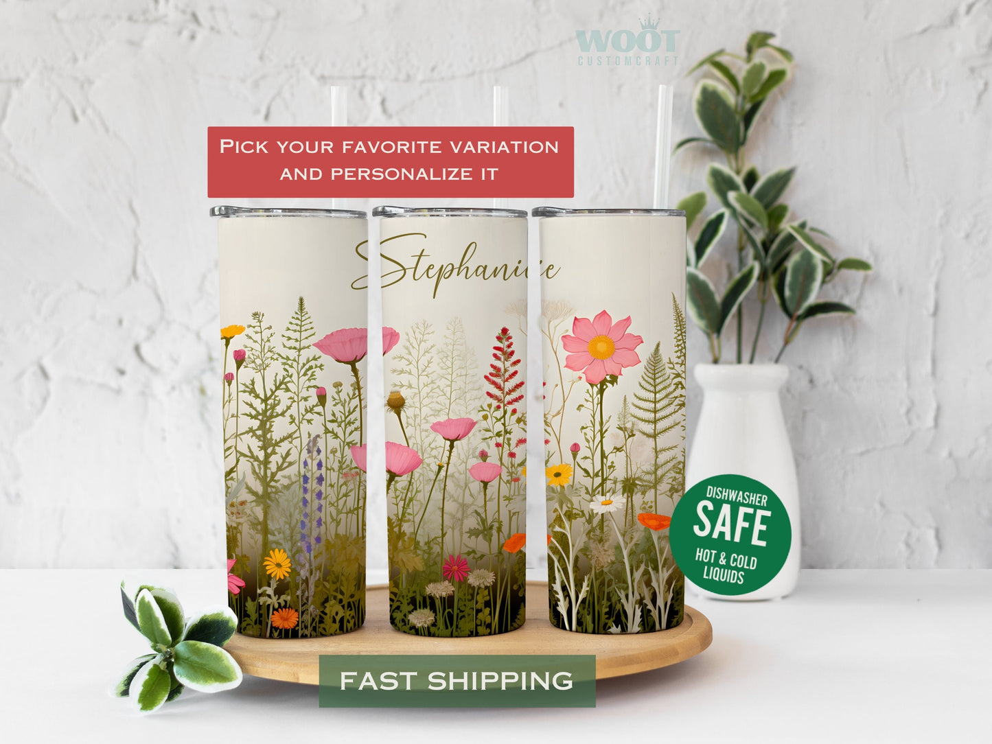 Three tumblers represent the rotating parts of a floral tumbler. There are a lot of flowers. There are wildflowers and a space at the top of the tumbler to add the name as a personalization.