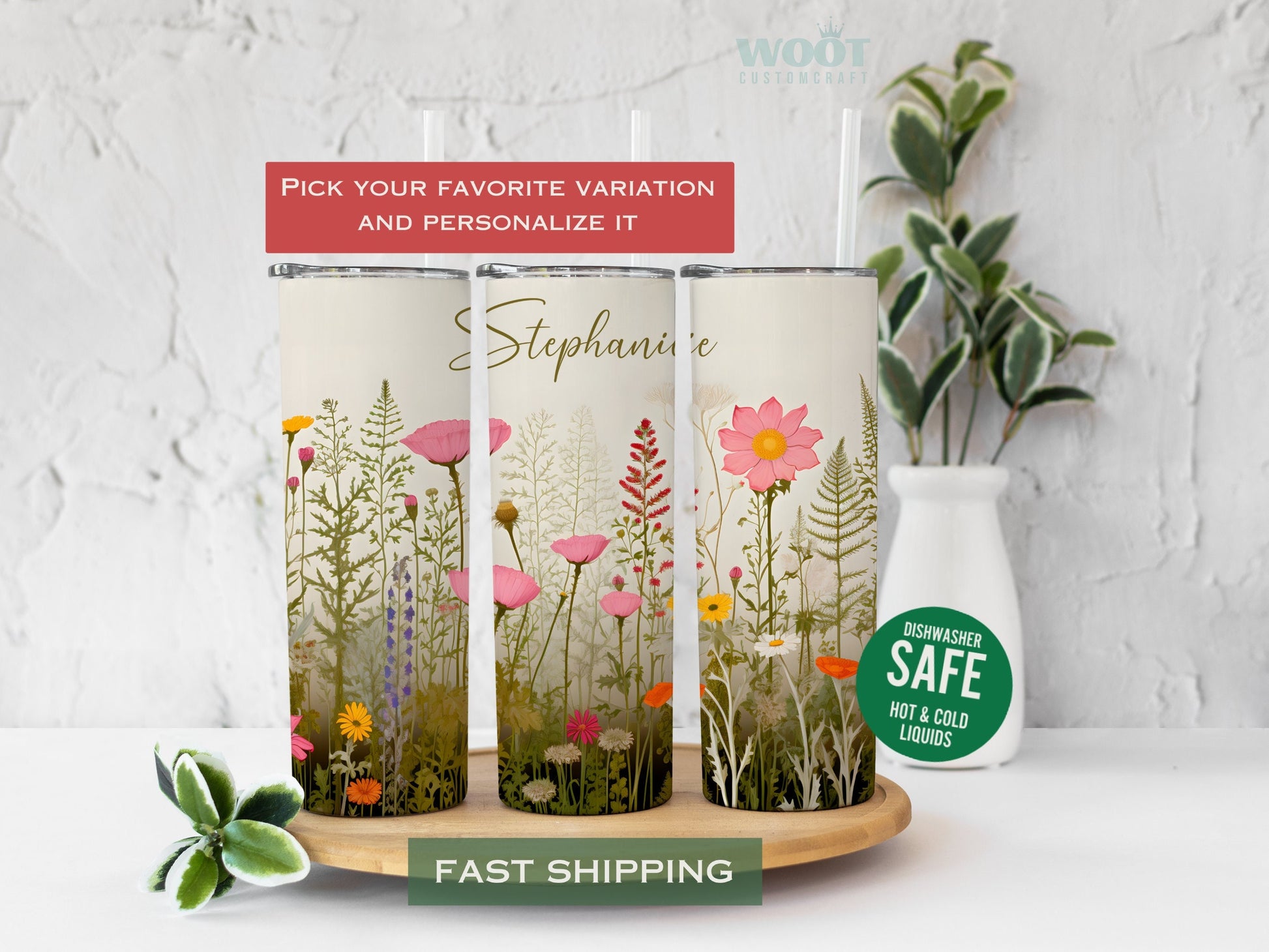 Three tumblers represent the rotating parts of a floral tumbler. There are a lot of flowers. There are wildflowers and a space at the top of the tumbler to add the name as a personalization.