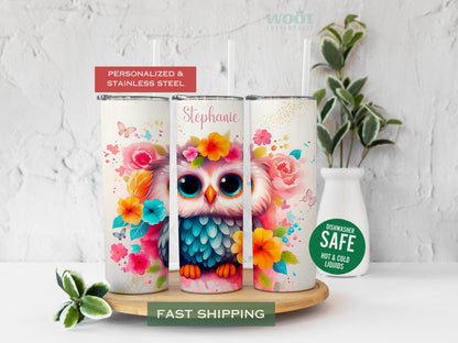 Personalized Floral Owl Tumbler - Cute Custom Gift for Owl Lovers