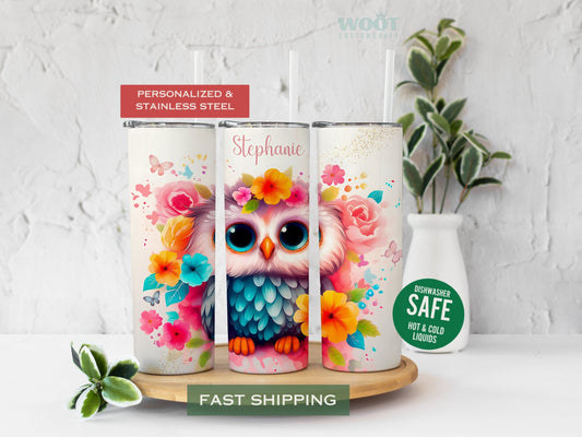 Personalized Floral Owl Tumbler - Cute Custom Gift for Owl Lovers