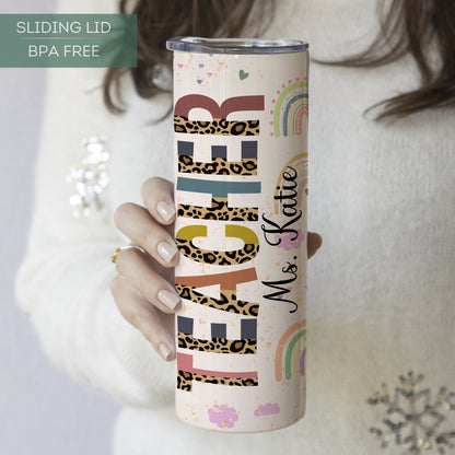 Custom Rainbow Teacher Tumbler - Personalized Travel Cup Gift for Educators