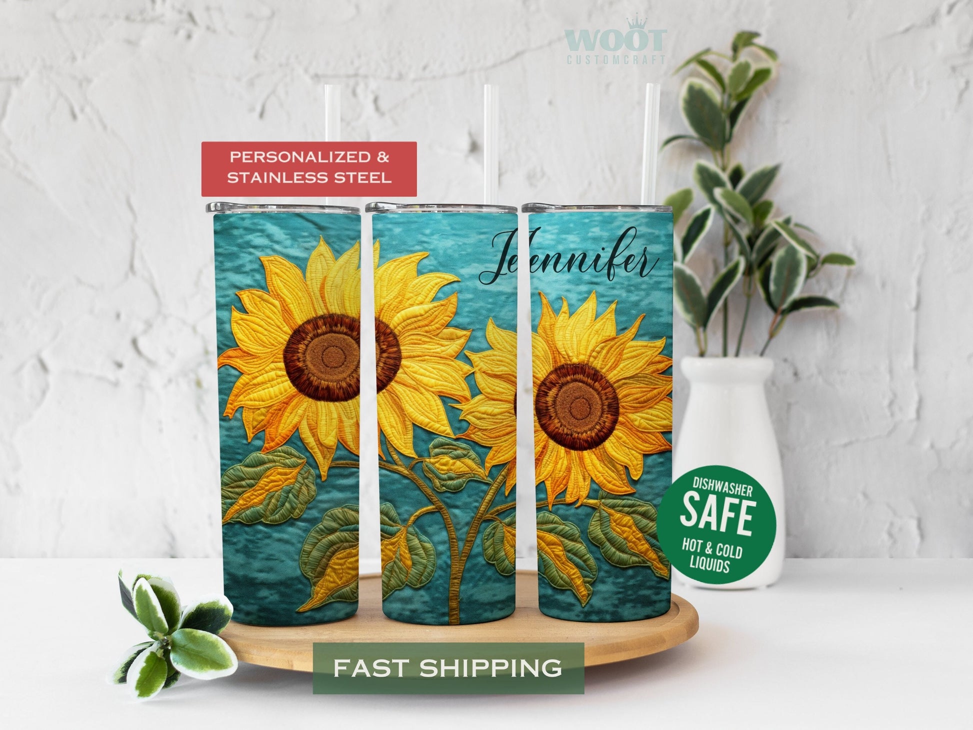3 tumblers show all sides of an Embroidery Sundlwer Teal Tumpler Personalized.