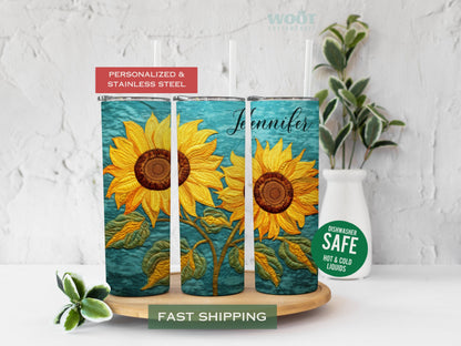 3 tumblers show all sides of an Embroidery Sundlwer Teal Tumpler Personalized.