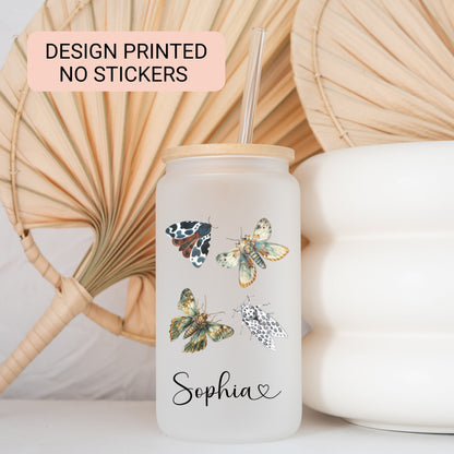 Personalized Moth Glass Cup - Custom Iced Coffee Tumbler for Lovers