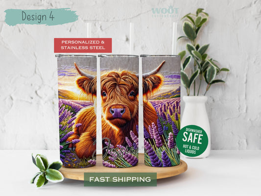 Personalized Highland Cow Tumbler - Floral Embroidery Gift for Cow Lovers