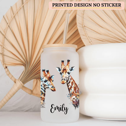 Custom giraffe glass tumbler featuring a playful design perfect for sipping cold drinks in a stylish frosted cup