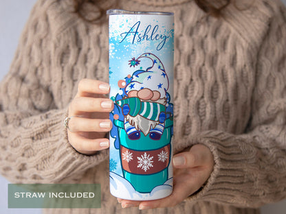 Personalized Christmas Gnome Tumbler - Winter Gift with Snowflakes