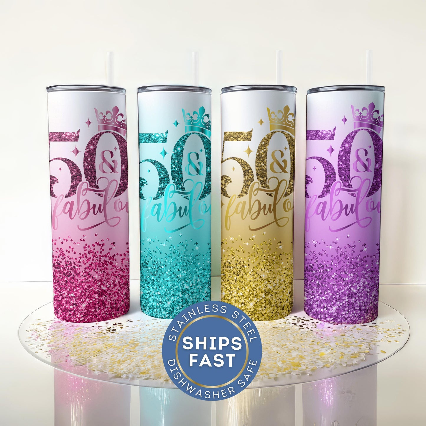 Personalized 50th Birthday Tumbler - Fabulous 50 Glitter Cup Gift for Her