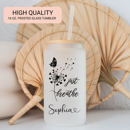 Personalized Just Breathe Frosted Glass Cup - Custom Engraved Gift Can
